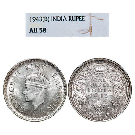 George VI, Half Silver, Rupee, 1943, Bombay Mint, A(b)/II, Diamond, Security edge, Small 3