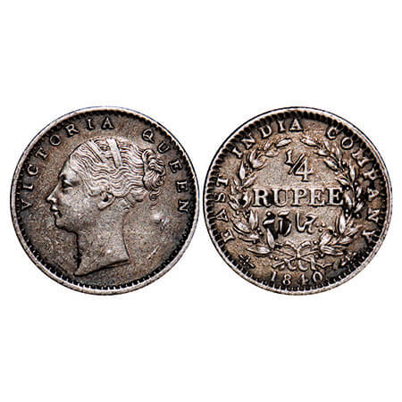 Victoria Queen, Silver, 1/4 Rupee, 1840, CL, Calcutta Mint, C/II, Indian Head, Wreath with