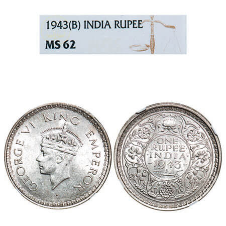 George VI, Half Silver, Rupee, 1943, Bombay Mint, C/III, Diamond, Security edge, Large 3. 