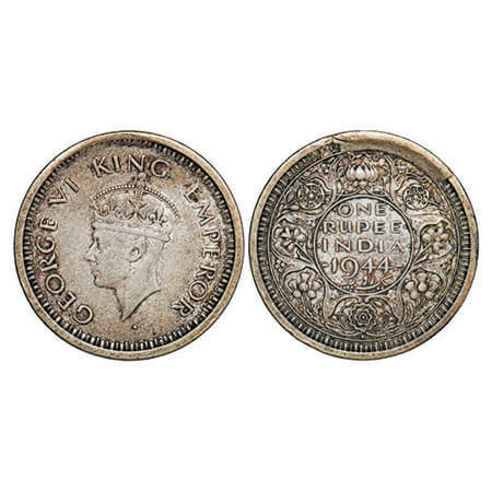 George VI, Half Silver, Rupee, 1944, Bombay Mint, D/II, Dot, Security edge, Cud Error on R