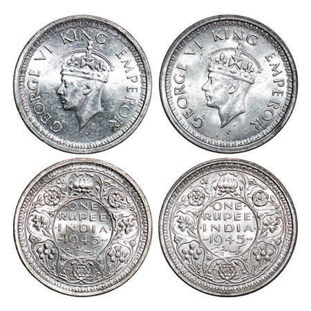 George VI, Half Silver, Rupee, (2 coins), 1945, Bombay Mint, D/II, Dot, Security edge, Nor
