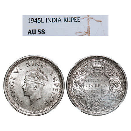 George VI, Half Silver, Rupee, 1945, Lahore Mint, D/II, ‘L’ raised, Security edge, Normal 