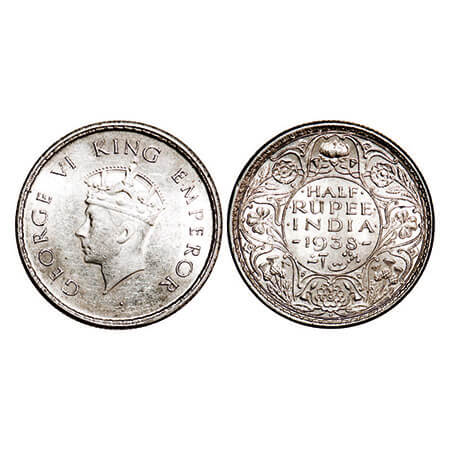 George VI, Silver, Half Rupee, 1938, Bombay Mint, A/I, Dot, Head Type I, Milled edge. F. P