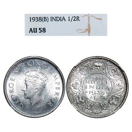 George VI, Silver, Half Rupee, 1938, Bombay Mint, A/I, Dot, Head Type I, Milled edge. F. P