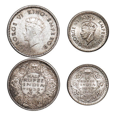 George VI, Mix metal, (2 coins), 1) Silver, Half Rupee, 1938, Bombay Mint, A/I, Dot, Head 