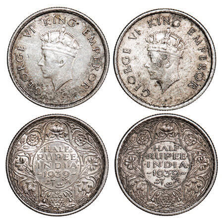 George VI, Silver, Half Rupee, (2 coins), 1939, 1) Bombay Mint, A/I, Dot, Head Type I, Mil