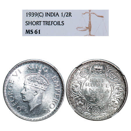 George VI, Silver, Half Rupee, 1939, Calcutta Mint, A(a)/I, No dot, Milled edge. F. Prid 3
