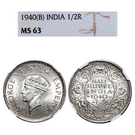 George VI, Half Silver, Half Rupee, 1940, Bombay Mint, A(a)/I, Dot, Head Type II, Milled e
