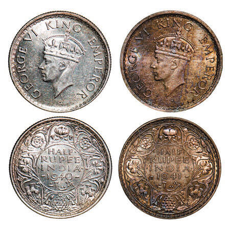 George VI, Half Silver, Half Rupee, (2 coins), Bombay Mint, Head Type II, Dot, 1) 1940, A(