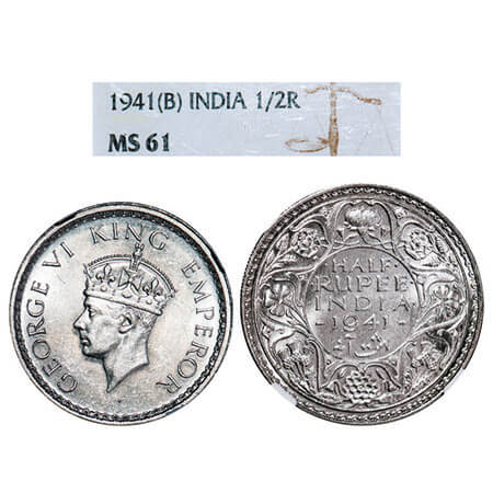 George VI, Half Silver, Half Rupee, 1941, Bombay Mint, A(a)/I(i), Dot, Head Type II, Secur