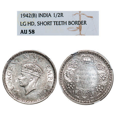 George VI, Half Silver, Half Rupee, 1942, Bombay Mint, A(a)/II, Dot, Head Type II, Securit