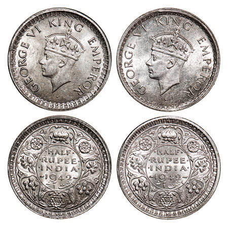 George VI, Half Silver, Half Rupee (2 coins), 1942, Bombay Mint, Head Type II, Security ed