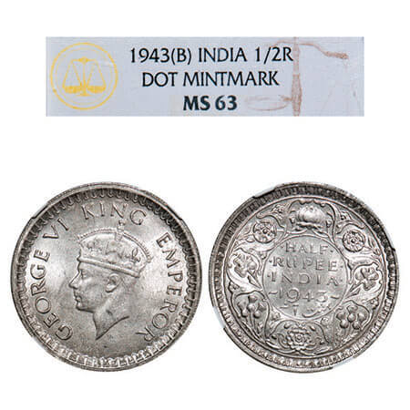 George VI, Half Silver, Half Rupee, 1943, Bombay Mint, B/II, Dot, Head Type II, Security e