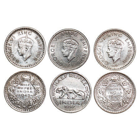 George VI, Mix metal, Half Rupee, (3 coins), 1) Half Silver, 1943, Bombay Mint, B/II, Dot,