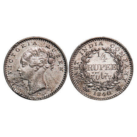 Victoria Queen, Silver, 1/4 Rupee, 1840, CL, Bombay Mint, B/I, English Head, With modified