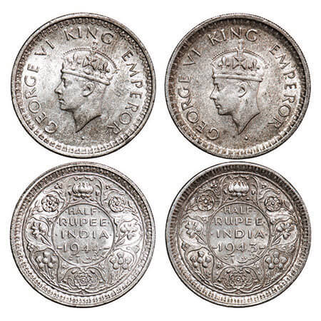 George VI, Half Silver, Half Rupee, (2 coins), 1943, 1944, Lahore Mint, B/II, ‘L’ raised,