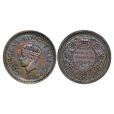 George VI, Half Silver, Half Rupee, 1944, Lahore Mint, B/II, Head Type II, ‘L’ raised, Sec