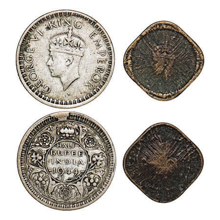 George VI, Mix metal, (2 coins), 1) Half Silver, Half Rupee, 1944, Cud Error on Rev, 2) Ni