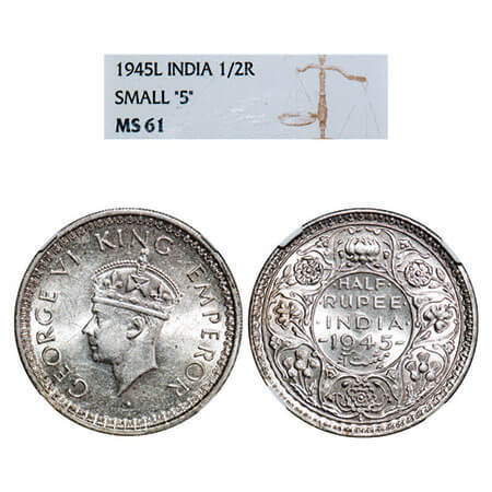 George VI, Half Silver, Half Rupee, 1945, Lahore Mint, B/II, Head type II, ‘L’ raised, Sec