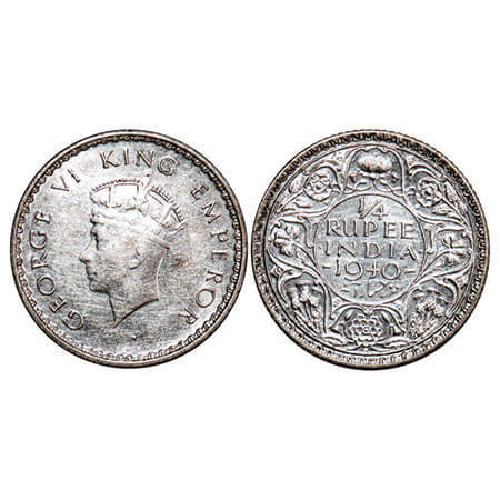 George VI, Half Silver, 1/4 Rupee, 1940, Bombay Mint, Head Type I, Rev I, Dot, Milled edge