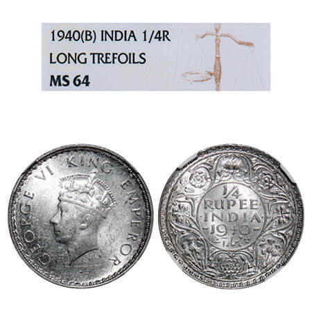 George VI, Half Silver, 1/4 Rupee, 1940, Bombay Mint, Head Type I, Rev I, Dot, Milled edge