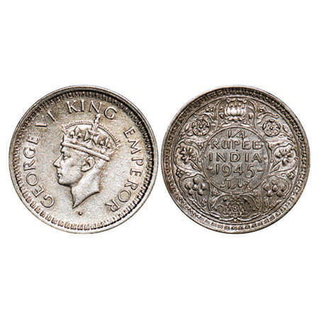 George VI, Half Silver, 1/4 Rupee, 1945, Bombay Mint, Had Type II, Rev II, Dot, Security e