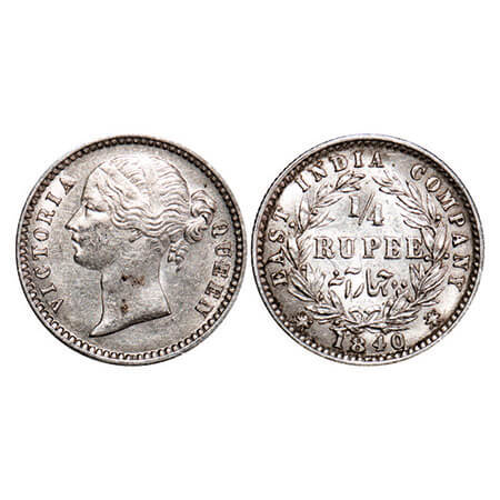 Victoria Queen, Silver, 1/4 Rupee, 1840, DL, Calcutta Mint, W.W. raised, Wreath with 10 Be