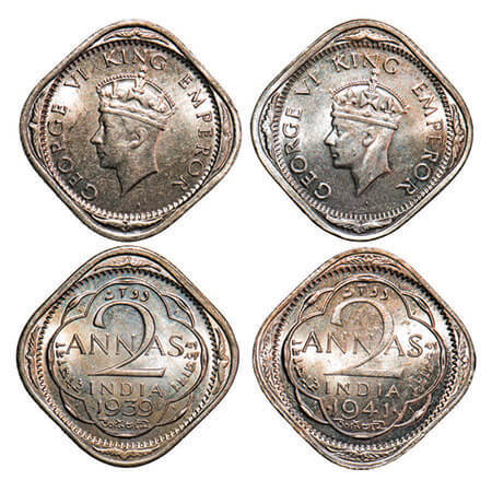George VI, Nickel-Brass, 2 Annas, (2 coins), 1939, 1941, Bombay Mint, Head Type I, Dots by