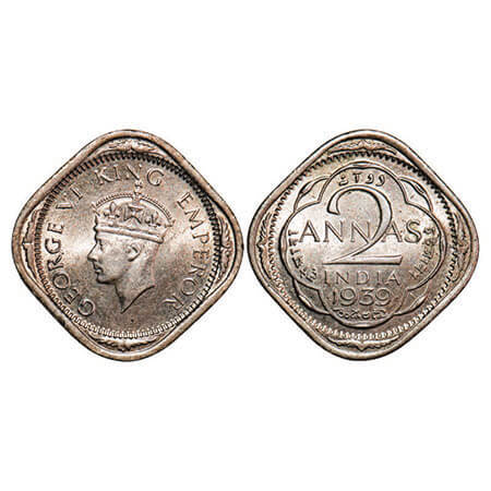 George VI, Copper-Nickel, 2 Annas, 1939, Bombay Mint, Head Type II, Dots by year, Tiny Dia