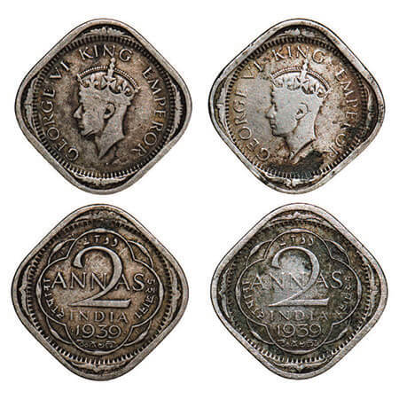 George VI, Copper-Nickel 2 Annas, (2 coins), 1939, 1) Bombay Mint, Head Type II, Dots by y