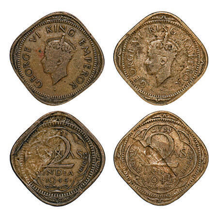 George VI, Nickel-Brass, 2 Annas, (2 coins), 1) 1942, Bombay Mint, Head Type II, Dots by y