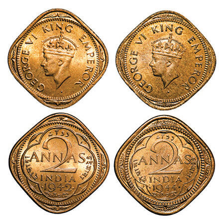 George VI, Nickel-Brass, 2 Annas, (2 coins), Bombay Mint, Head Type II, Dots by year, 1) 1