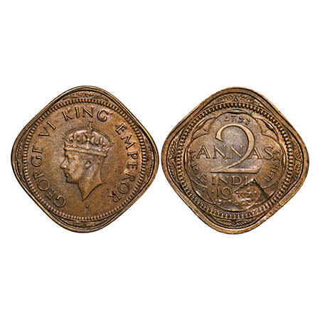 George VI, Nickel-Brass, 2 Annas, 1944, Bombay Mint, Head Type II, Dots by year, Planchet 