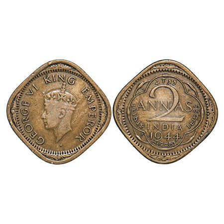 George VI, Nickel-Brass, 2 Annas, 1944, Bombay Mint, Head Type II, Dots by year, Large num