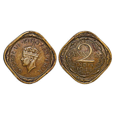 George VI, Nickel-Brass, 2 Annas, 1944, Lahore Mint, No dots by year, Head Type II, ‘L’ ra