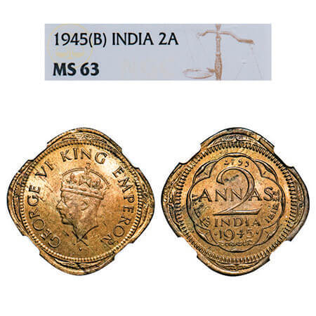 George VI, Nickel-Brass, 2 Annas, 1945, Bombay Mint, Head Type II, Dots by year, Tip of cr