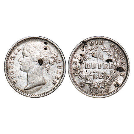 Victoria Queen, Silver, 1/4 Rupee, 1840, DL, Calcutta Mint, W.W. raised, Wreath with 10 Be