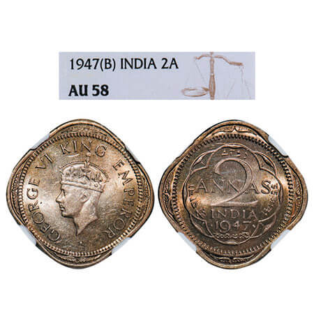George VI, Nickel-Brass, 2 Annas, 1947, Bombay Mint, Head Type II, Dots by year. F. Prid 9