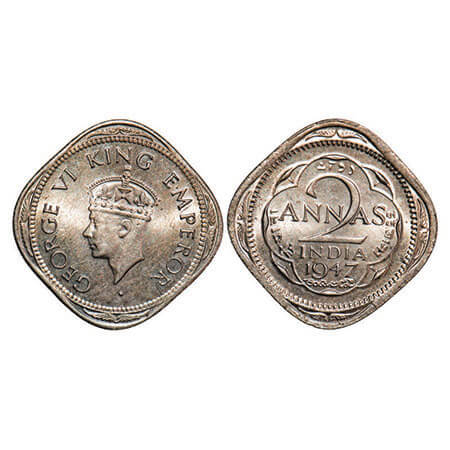 George VI, Copper-Nickel, 2 Annas, 1947, Calcutta Mint, Head Type II, No dots by year. F. 