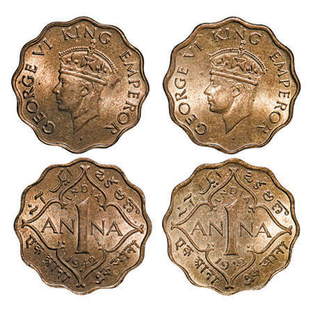 George VI, Nickel-Brass, 1 Anna, (2 coins), 1942, 1) Bombay Mint, Head Type II, Dot, 2) Ca