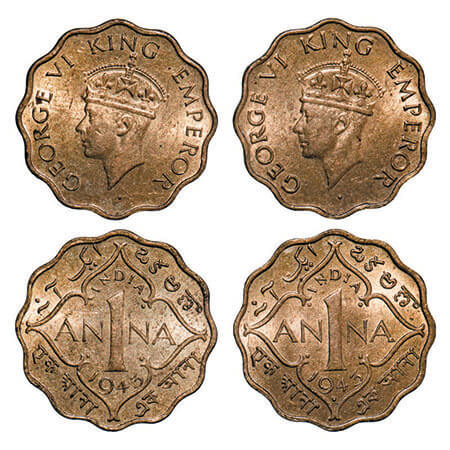 George VI, Nickel-Brass, 1 Anna, (2 coins), 1943, 1) Bombay Mint, Head Type II, Dot, 2) Ca