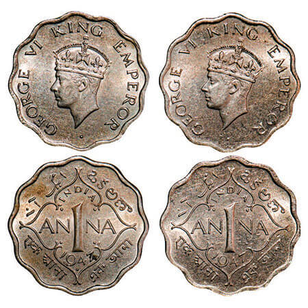 George VI, Copper-Nickel, 1 Anna, (2 coins), 1947, 1) Bombay Mint, Head Type II, Dot, Tip 