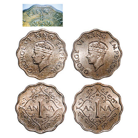 George VI, Copper-Nickel, 1 Anna, (2 coins), 1947, 1) Bombay Mint, Head Type II, Dot, Tip