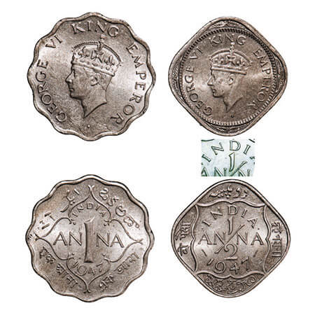 George VI, Copper-Nickel, (2 coins), 1947, 1) 1 Anna, Calcutta Mint, Head Type II, No dot,