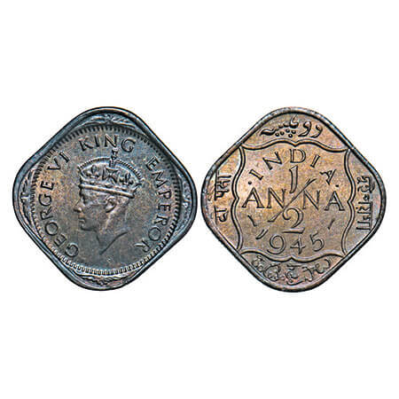 George VI, Nickel-Brass, 1/2 Anna, 1945, Calcutta Mint, Dots by India, Dashes by year. F. 