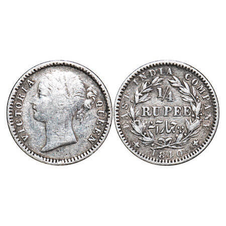 Victoria Queen, Silver, 1/4 Rupee, 1840, DL, Madras Mint, W.W. ‘S’ raised, Wreath with 12 