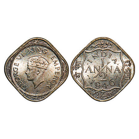 George VI, Copper-Nickel, 1/2 Anna, 1946, Bombay Mint, Dots by India, Dash-Dot-Dash, Tiny 