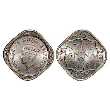 George VI, Copper-Nickel, 1/2 Anna, 1946, Bombay Mint, Dots by India, Dash-Dot-Dash, Tiny 