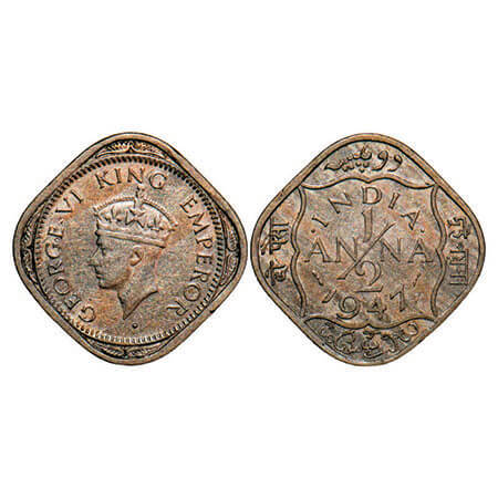 George VI, Copper-Nickel, 1/2 Anna, 1947, Bombay Mint, dots by India, Dash-Dot-Dash. F. Pr