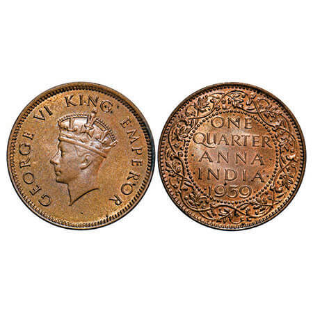 George VI, Bronze, Quarter Anna, 1939, Bombay Mint, Head Type I, Dot. F. Prid 690. GK 1422